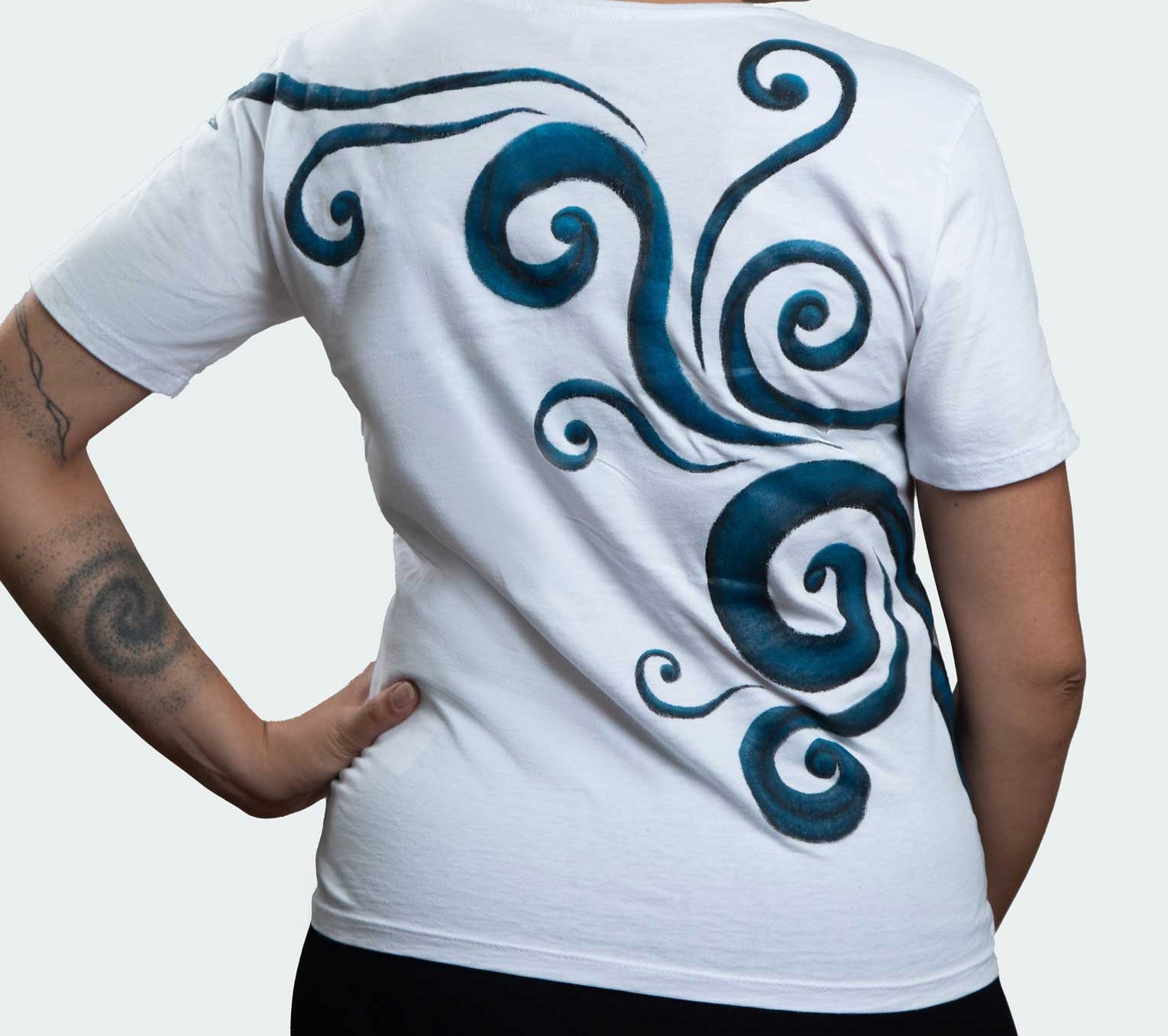 White T-Shirt – Blue & Black Spirals (One of a Kind) - Crystel Samia Universe