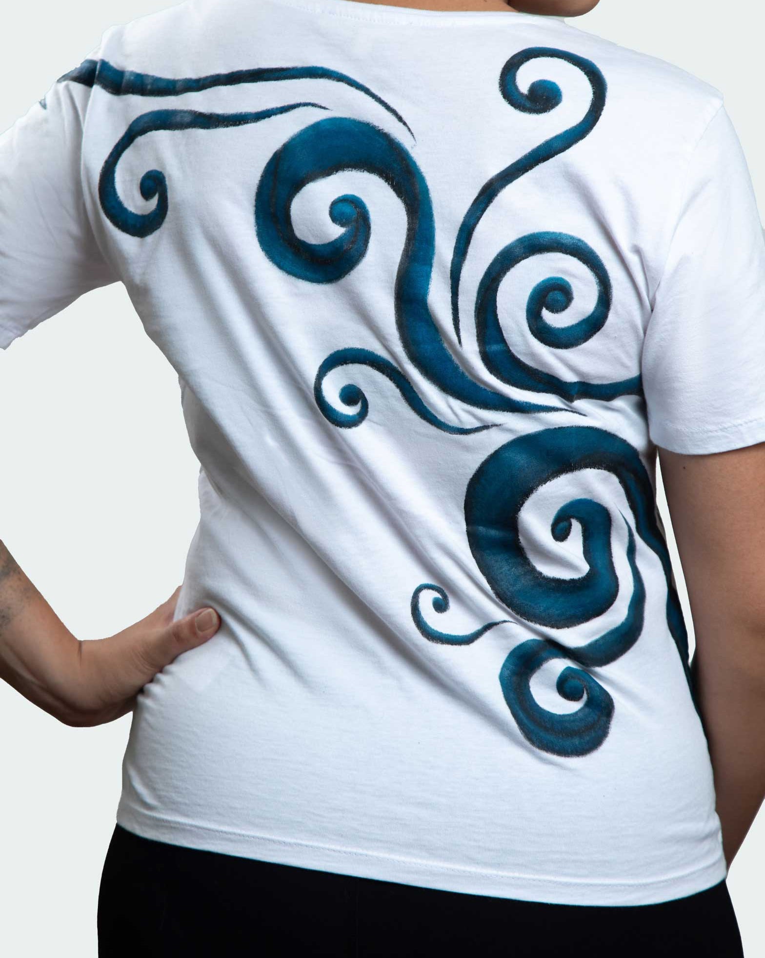 White T-Shirt – Blue & Black Spirals (One of a Kind) - Crystel Samia Universe