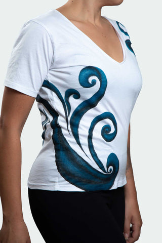White T-Shirt – Blue & Black Spirals (One of a Kind) - Crystel Samia Universe