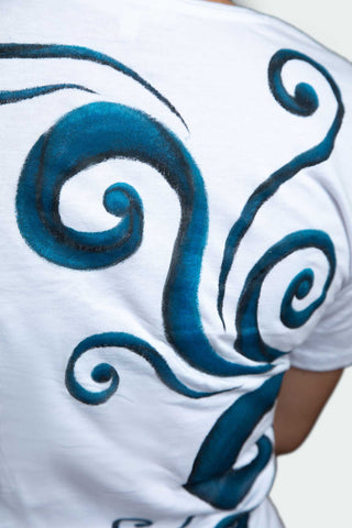 White T-Shirt – Blue & Black Spirals (One of a Kind) - Crystel Samia Universe