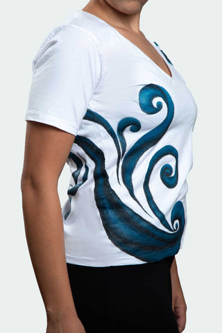 White T-Shirt – Blue & Black Spirals (One of a Kind) - Crystel Samia Universe