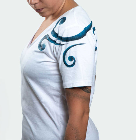White T-Shirt – Blue & Black Spirals (One of a Kind) - Crystel Samia Universe