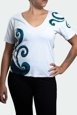 White T-Shirt – Blue & Black Spirals (One of a Kind) - Crystel Samia Universe