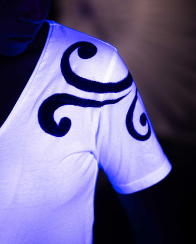 White T-Shirt – Blue & Black Spirals (One of a Kind) - Crystel Samia Universe