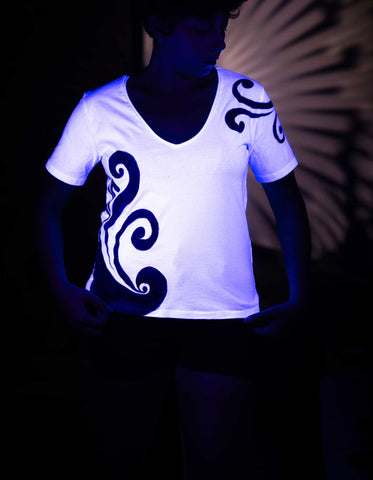 White T-Shirt – Blue & Black Spirals (One of a Kind) - Crystel Samia Universe