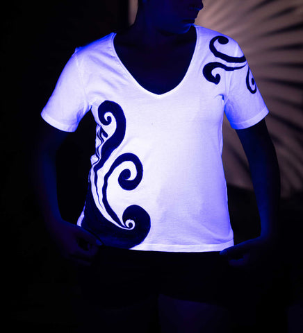 White T-Shirt – Blue & Black Spirals (One of a Kind) - Crystel Samia Universe