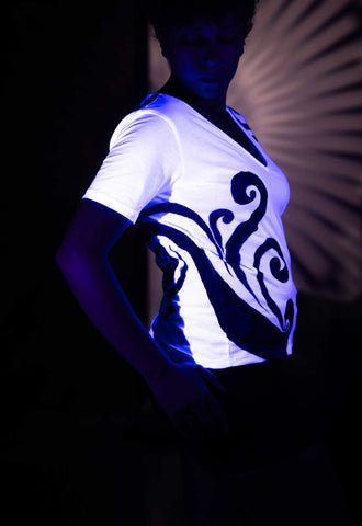 White T-Shirt – Blue & Black Spirals (One of a Kind) - Crystel Samia Universe