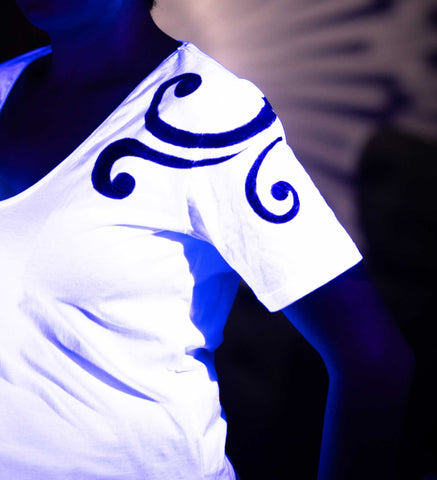 White T-Shirt – Blue & Black Spirals (One of a Kind) - Crystel Samia Universe