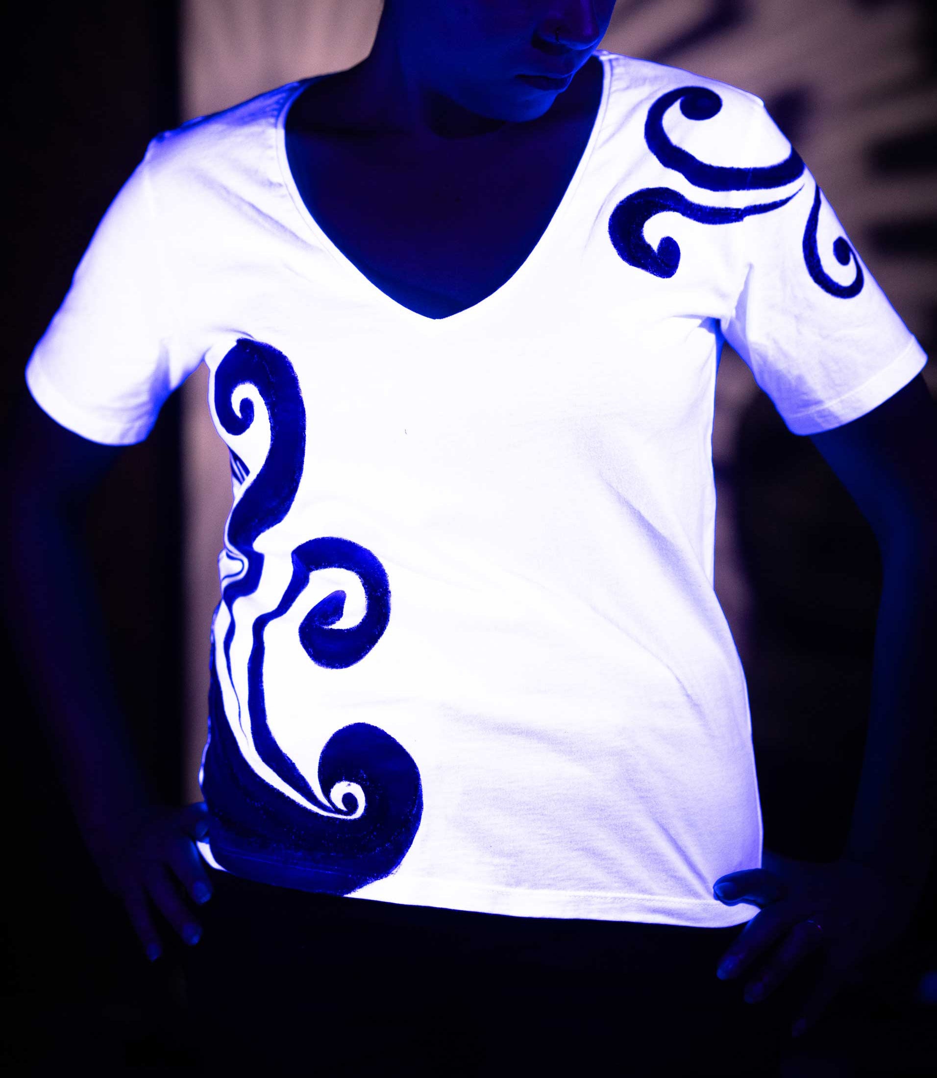 White T-Shirt – Blue & Black Spirals (One of a Kind) - Crystel Samia Universe