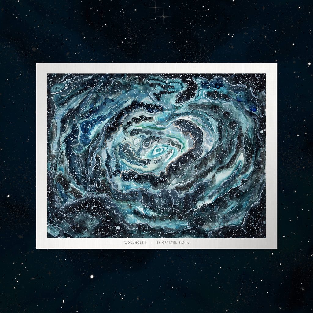 Wormhole I - Watercolor on Paper Signed by Artist and Numbered Art Print on High Quality Canvas Paper, blue black spiral wavy space stars galaxy