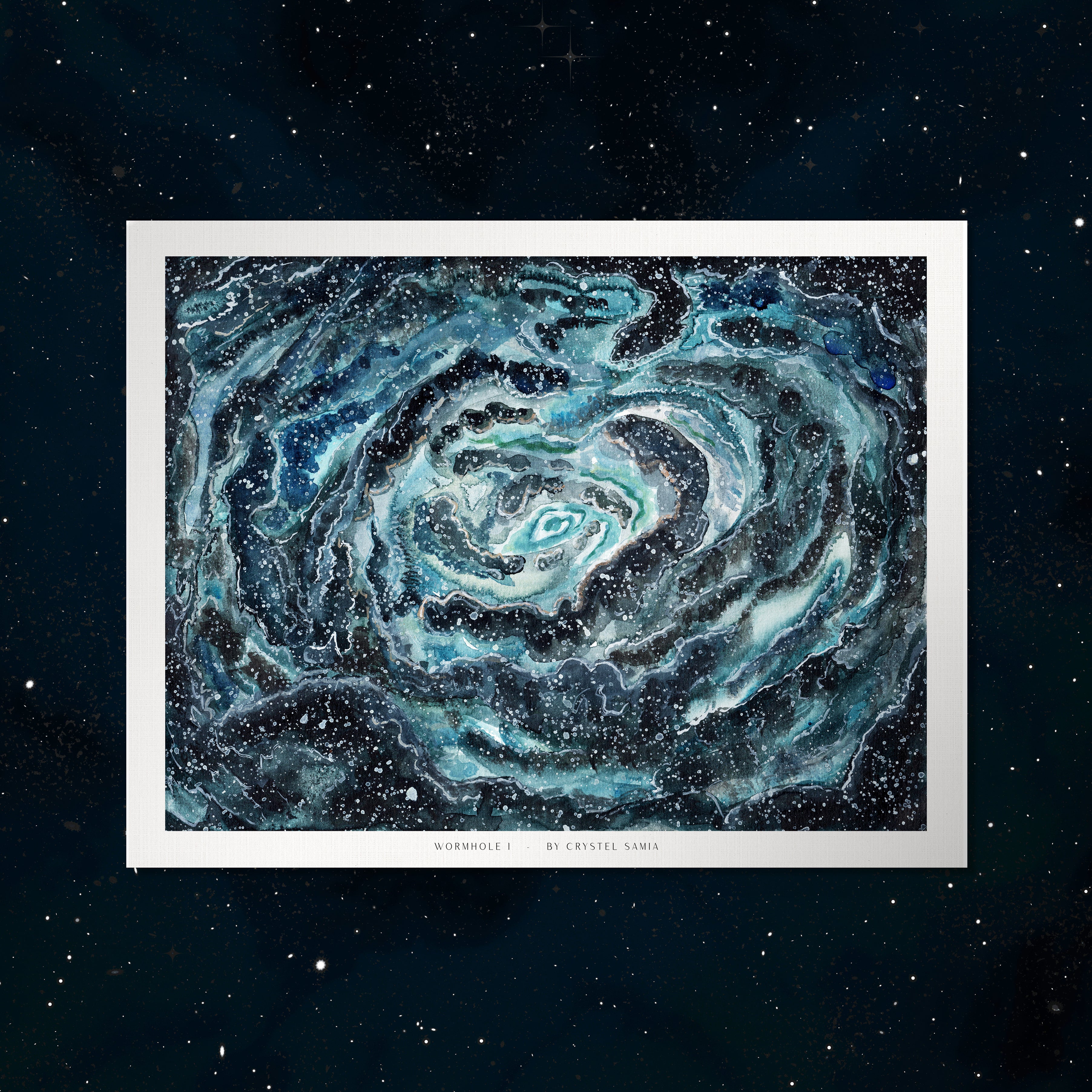 Wormhole I - Watercolor on Paper Signed by Artist and Numbered Art Print on High Quality Canvas Paper, blue black spiral wavy space stars galaxy