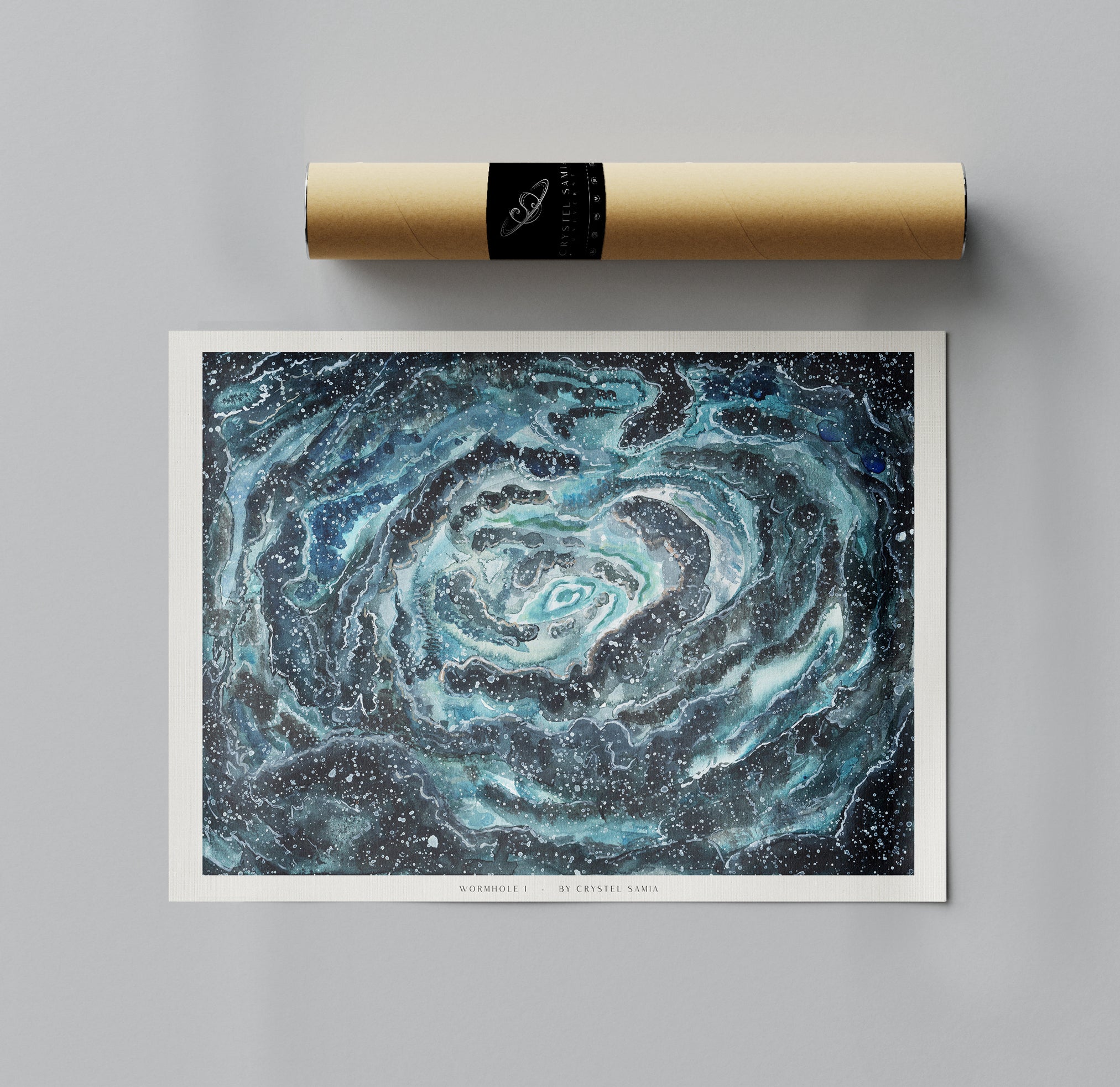 Wormhole I - Watercolor on Paper Signed by Artist and Numbered Art Print on High Quality Canvas Paper, blue black spiral wavy space stars galaxy
