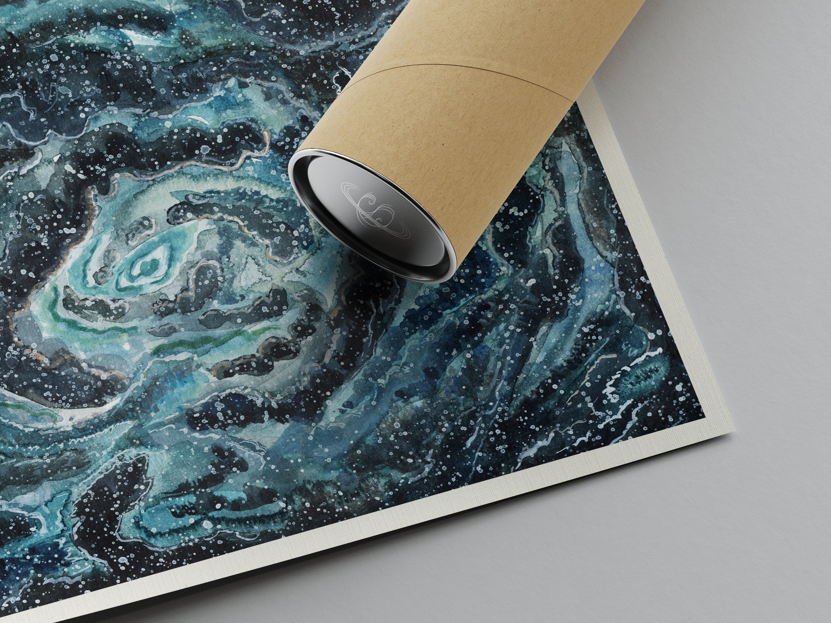 Wormhole I - Watercolor on Paper Signed by Artist and Numbered Art Print on High Quality Canvas Paper, blue black spiral wavy space stars galaxy