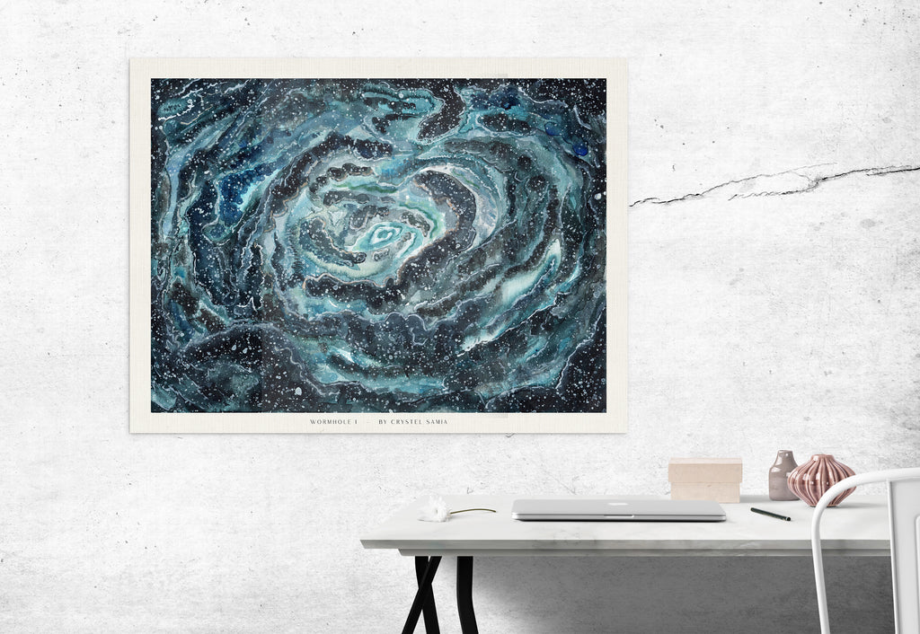 Wormhole I - Watercolor on Paper Signed by Artist and Numbered Art Print on High Quality Canvas Paper, blue black spiral wavy space stars galaxy