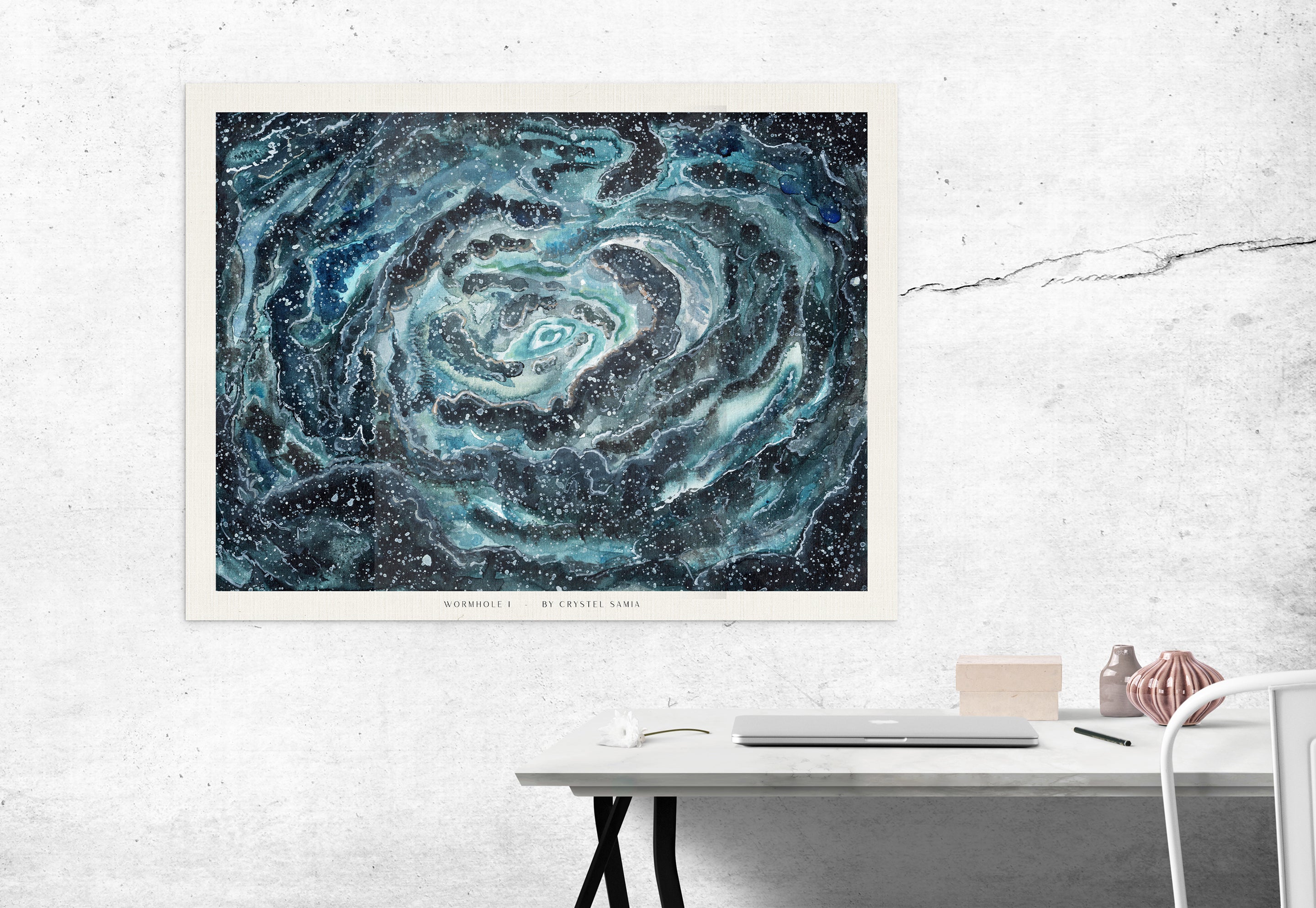 Wormhole I - Watercolor on Paper Signed by Artist and Numbered Art Print on High Quality Canvas Paper, blue black spiral wavy space stars galaxy