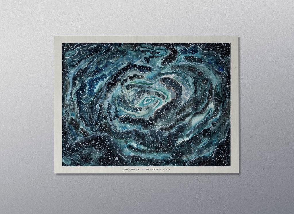 Wormhole I - Watercolor on Paper Signed by Artist and Numbered Art Print on High Quality Canvas Paper, blue black spiral wavy space stars galaxy