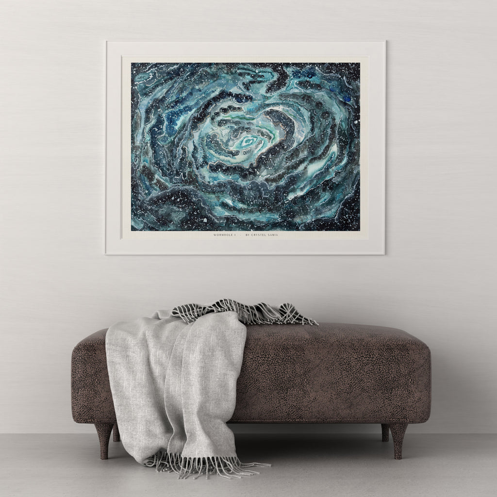 Wormhole I - Watercolor on Paper Signed by Artist and Numbered Art Print on High Quality Canvas Paper, blue black spiral wavy space stars galaxy
