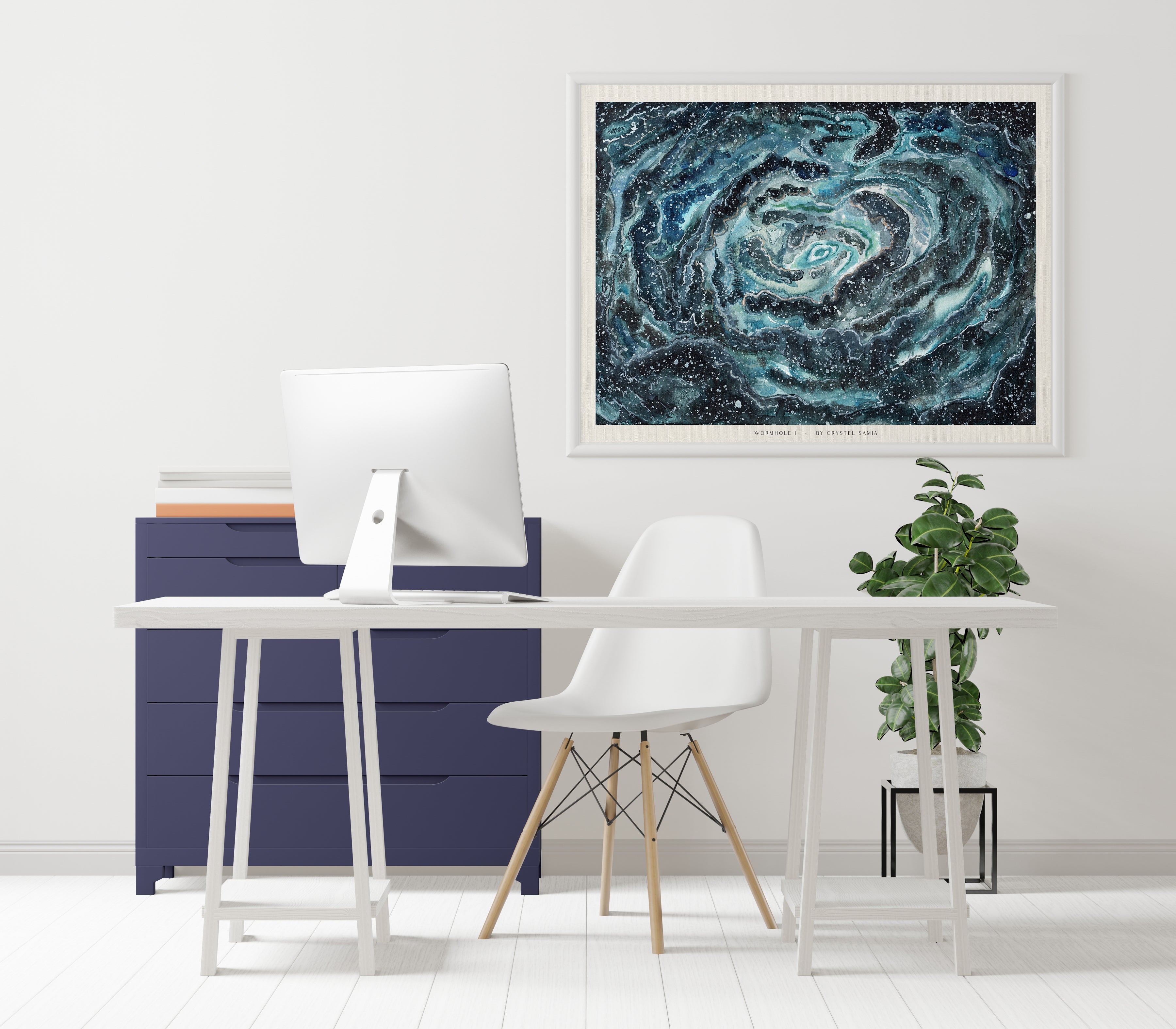 Wormhole I - Watercolor on Paper Signed by Artist and Numbered Art Print on High Quality Canvas Paper, blue black spiral wavy space stars galaxy