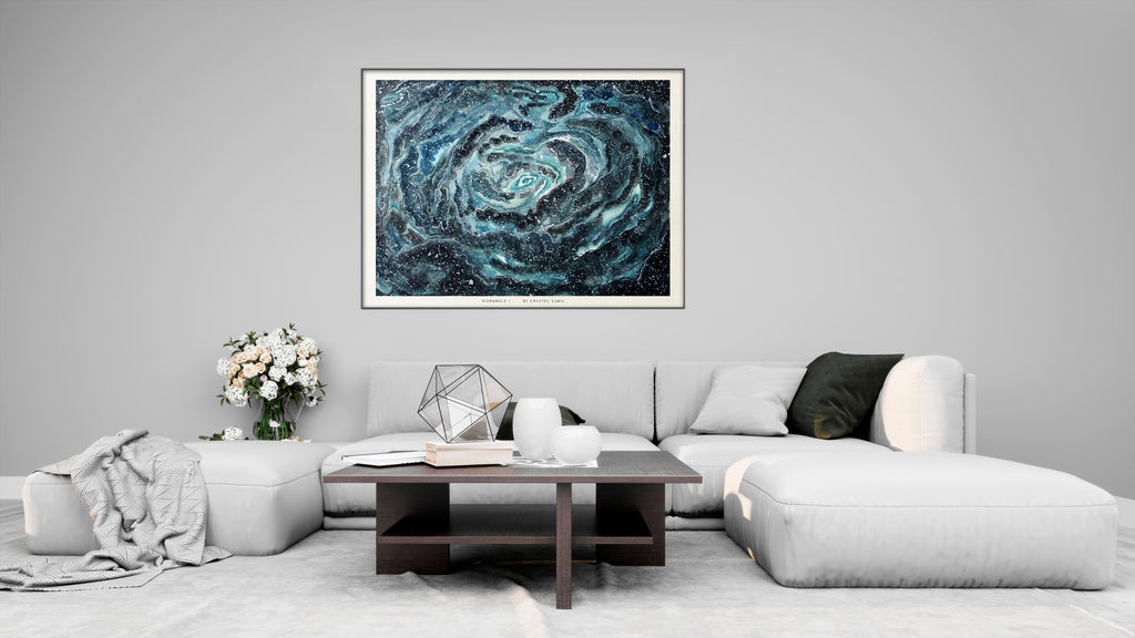 Wormhole I - Watercolor on Paper Signed by Artist and Numbered Art Print on High Quality Canvas Paper, blue black spiral wavy space stars galaxy