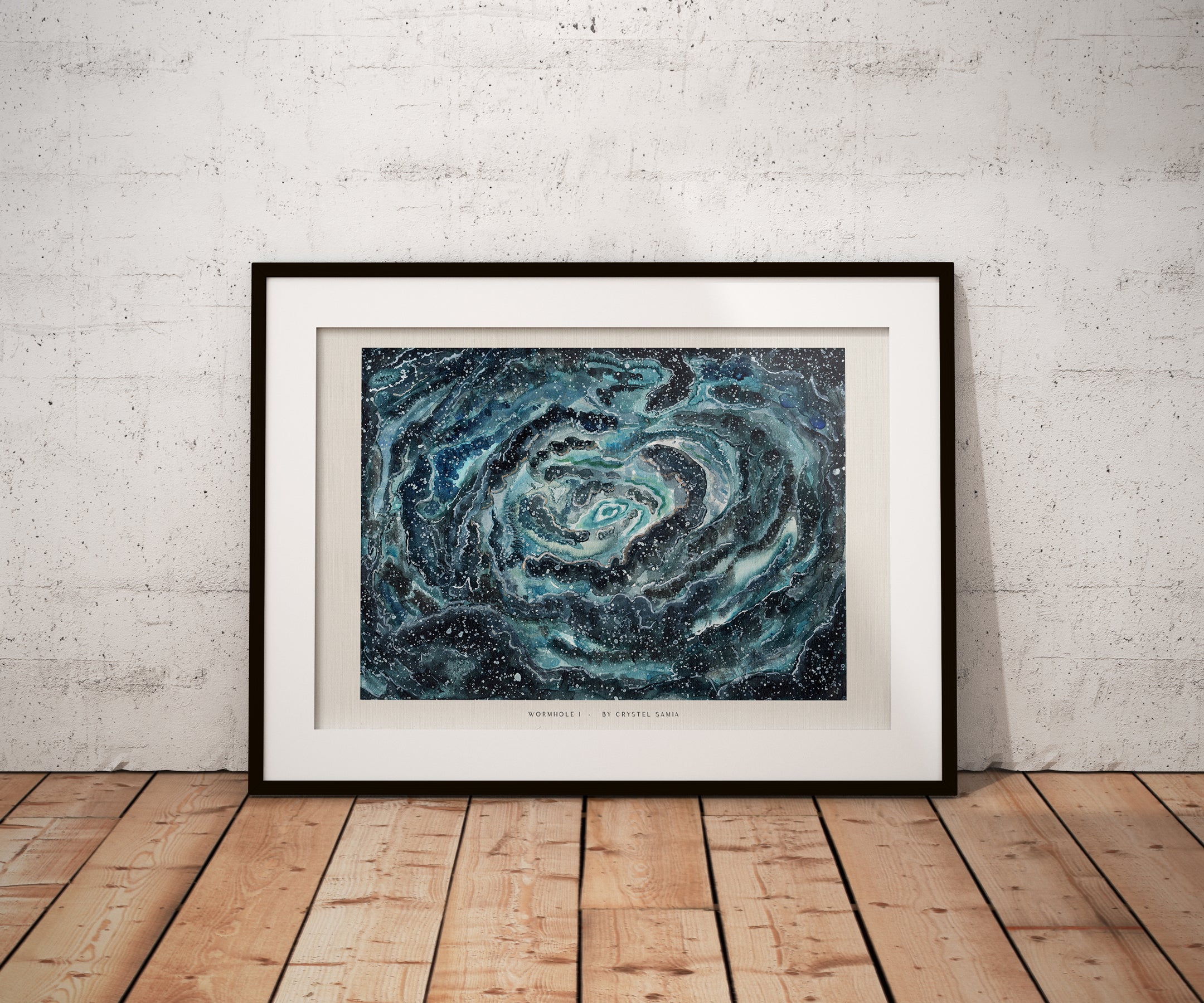 Wormhole I - Watercolor on Paper Signed by Artist and Numbered Art Print on High Quality Canvas Paper, blue black spiral wavy space stars galaxy