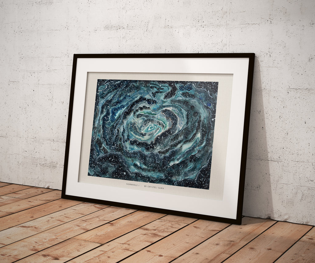 Wormhole I - Watercolor on Paper Signed by Artist and Numbered Art Print on High Quality Canvas Paper, blue black spiral wavy space stars galaxy