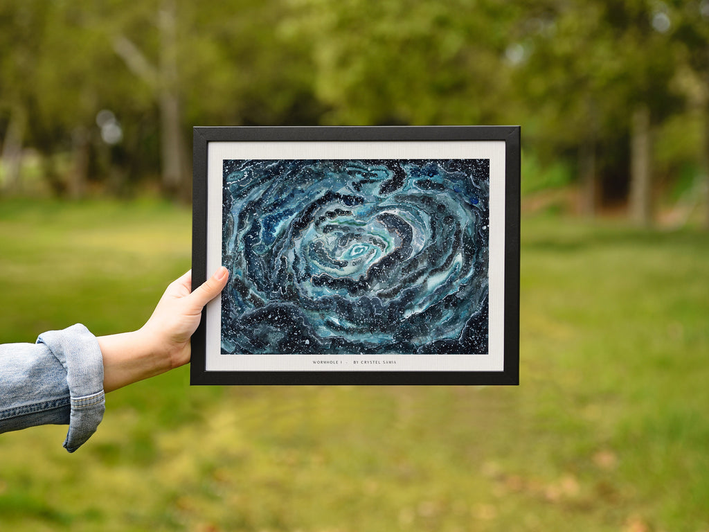 Wormhole I - Watercolor on Paper Signed by Artist and Numbered Art Print on High Quality Canvas Paper, blue black spiral wavy space stars galaxy
