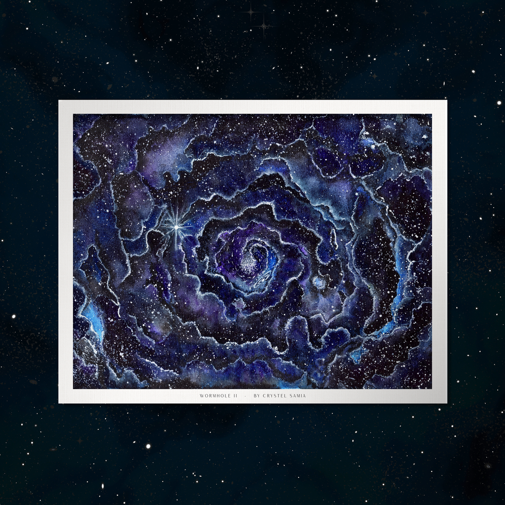 Wormhole II - Watercolor on Paper Signed by Artist and Numbered Art Print on High Quality Canvas Paper, blue black spiral wavy space stars galaxy
