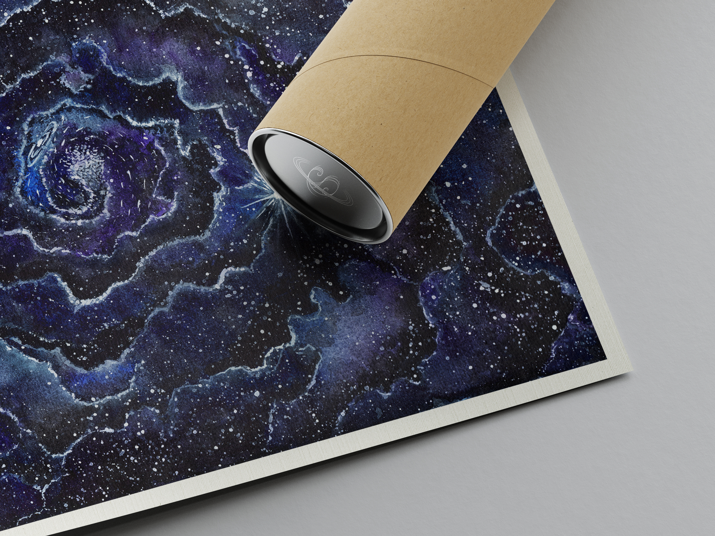 Wormhole II - Watercolor on Paper Signed by Artist and Numbered Art Print on High Quality Canvas Paper, blue black spiral wavy space stars galaxy