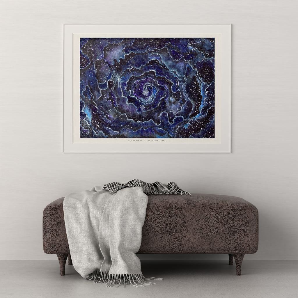 Wormhole II - Watercolor on Paper Signed by Artist and Numbered Art Print on High Quality Canvas Paper, blue black spiral wavy space stars galaxy