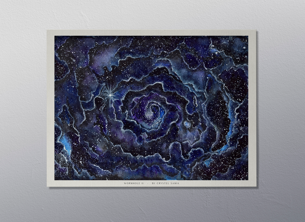Wormhole II - Watercolor on Paper Signed by Artist and Numbered Art Print on High Quality Canvas Paper, blue black spiral wavy space stars galaxy