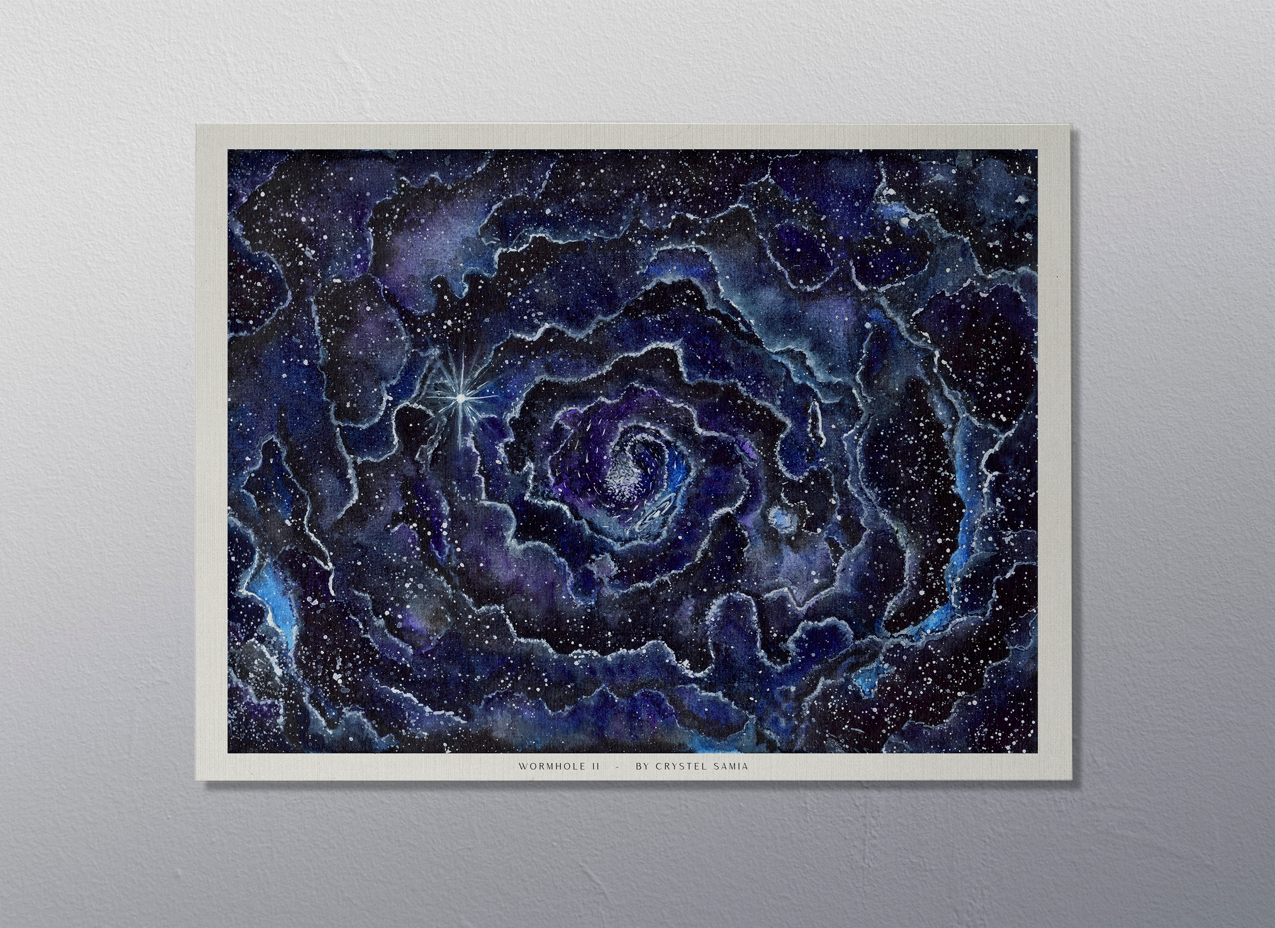 Wormhole II - Watercolor on Paper Signed by Artist and Numbered Art Print on High Quality Canvas Paper, blue black spiral wavy space stars galaxy