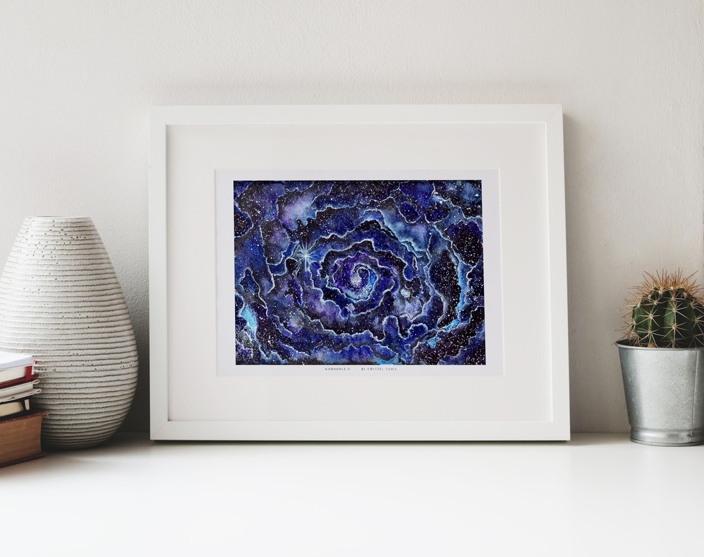 Wormhole II - Watercolor on Paper Signed by Artist and Numbered Art Print on High Quality Canvas Paper, blue black spiral wavy space stars galaxy