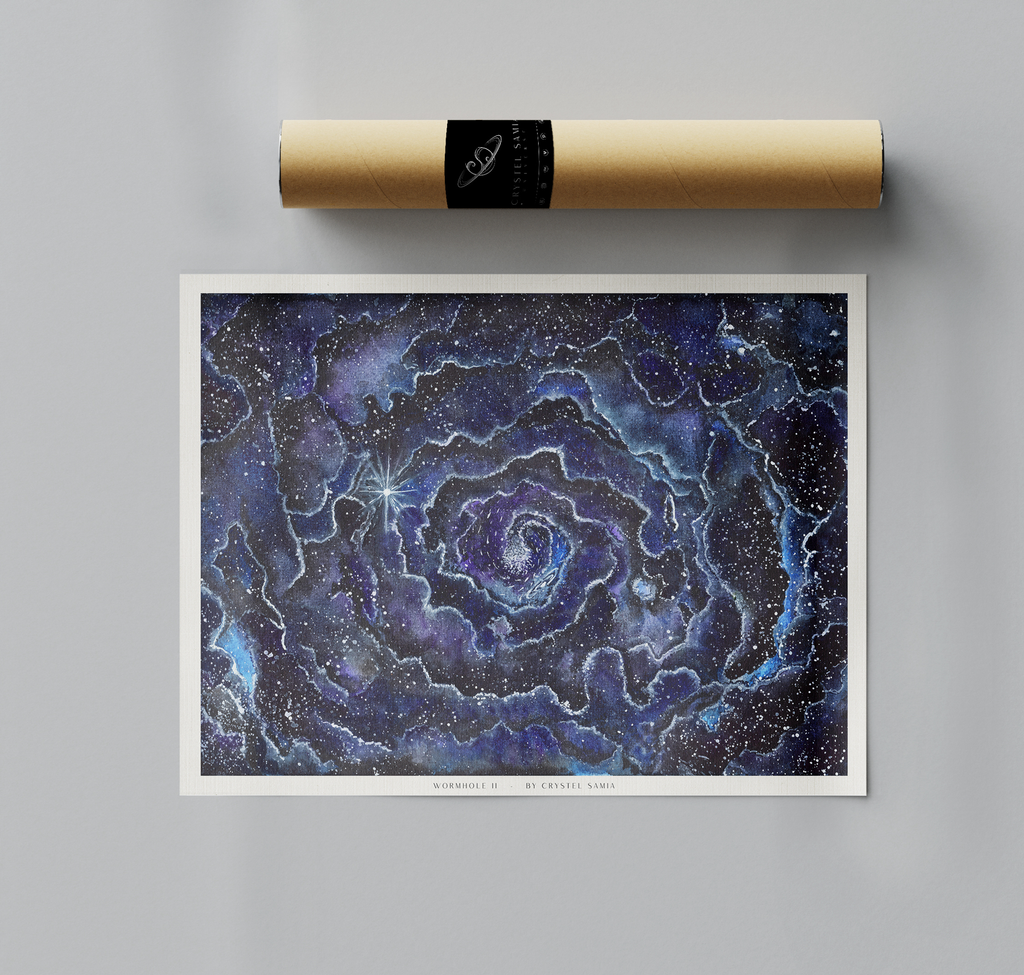 Wormhole II - Watercolor on Paper Signed by Artist and Numbered Art Print on High Quality Canvas Paper, blue black spiral wavy space stars galaxy