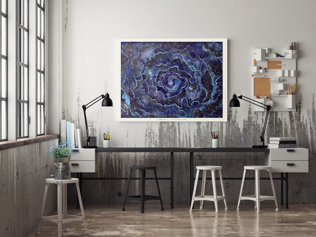 Wormhole II - Watercolor on Paper Signed by Artist and Numbered Art Print on High Quality Canvas Paper, blue black spiral wavy space stars galaxy