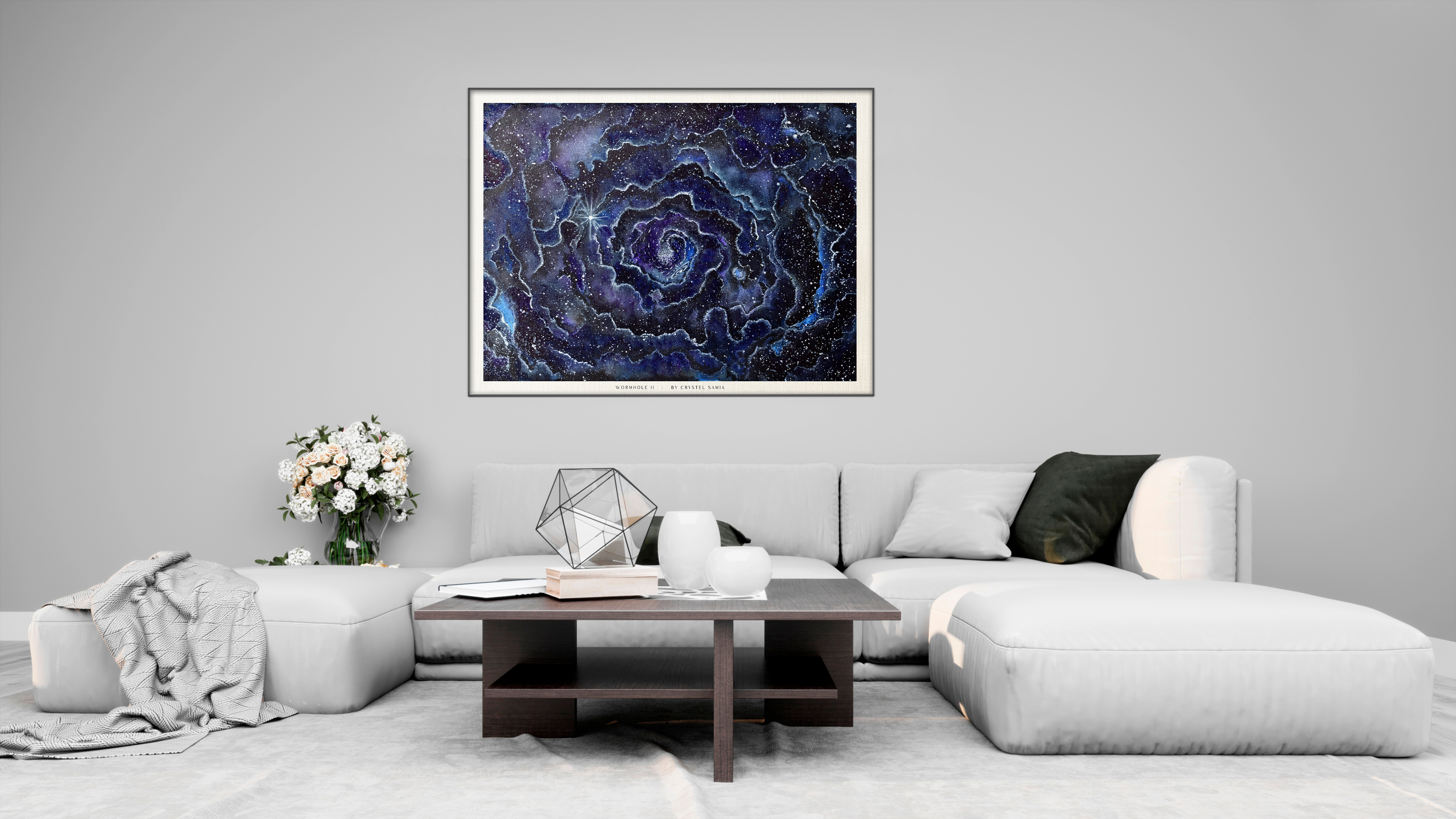 Wormhole II - Watercolor on Paper Signed by Artist and Numbered Art Print on High Quality Canvas Paper, blue purple black spiral wavy space stars galaxy