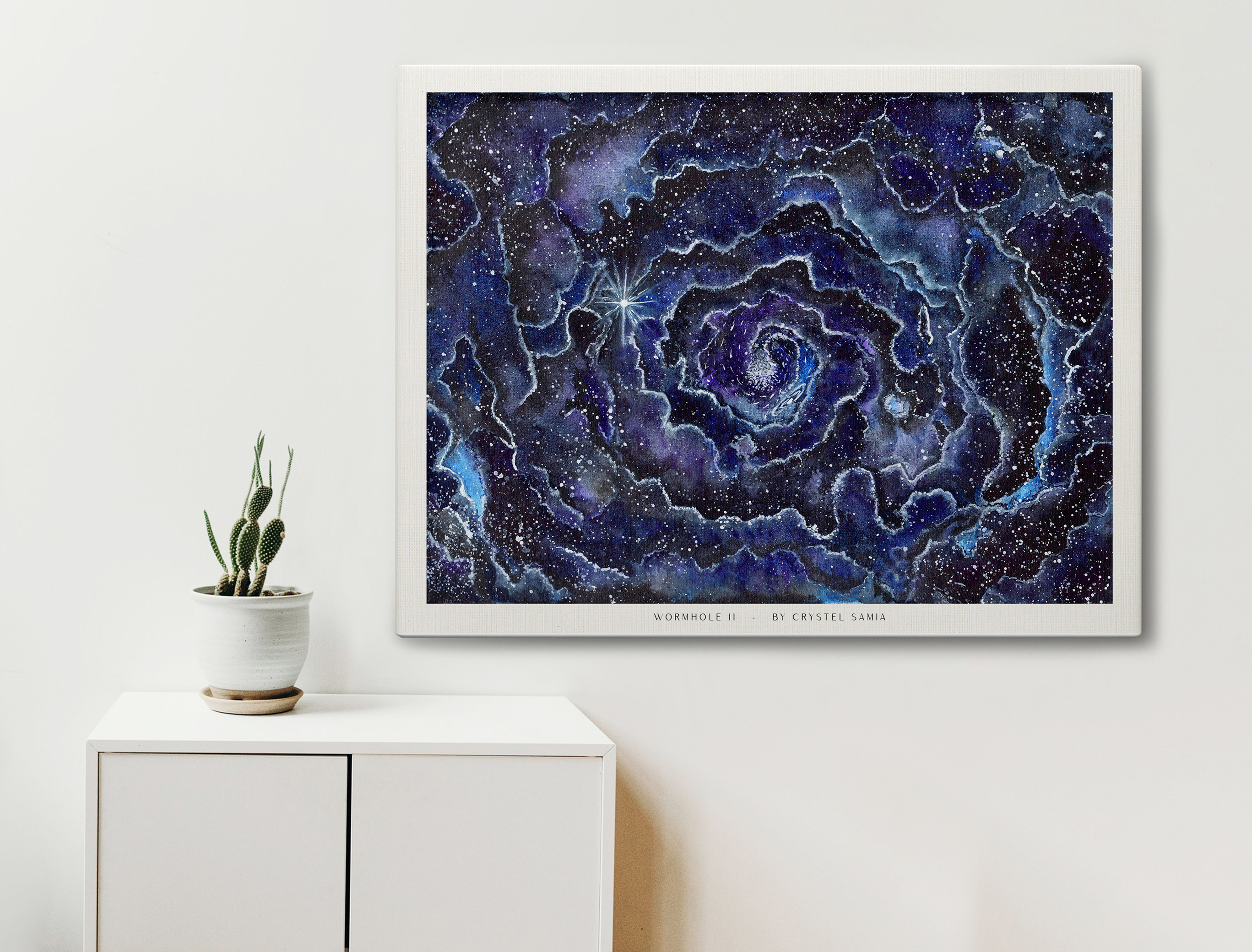 Wormhole II - Watercolor on Paper Signed by Artist and Numbered Art Print on High Quality Canvas Paper, blue purple black spiral wavy space stars galaxy