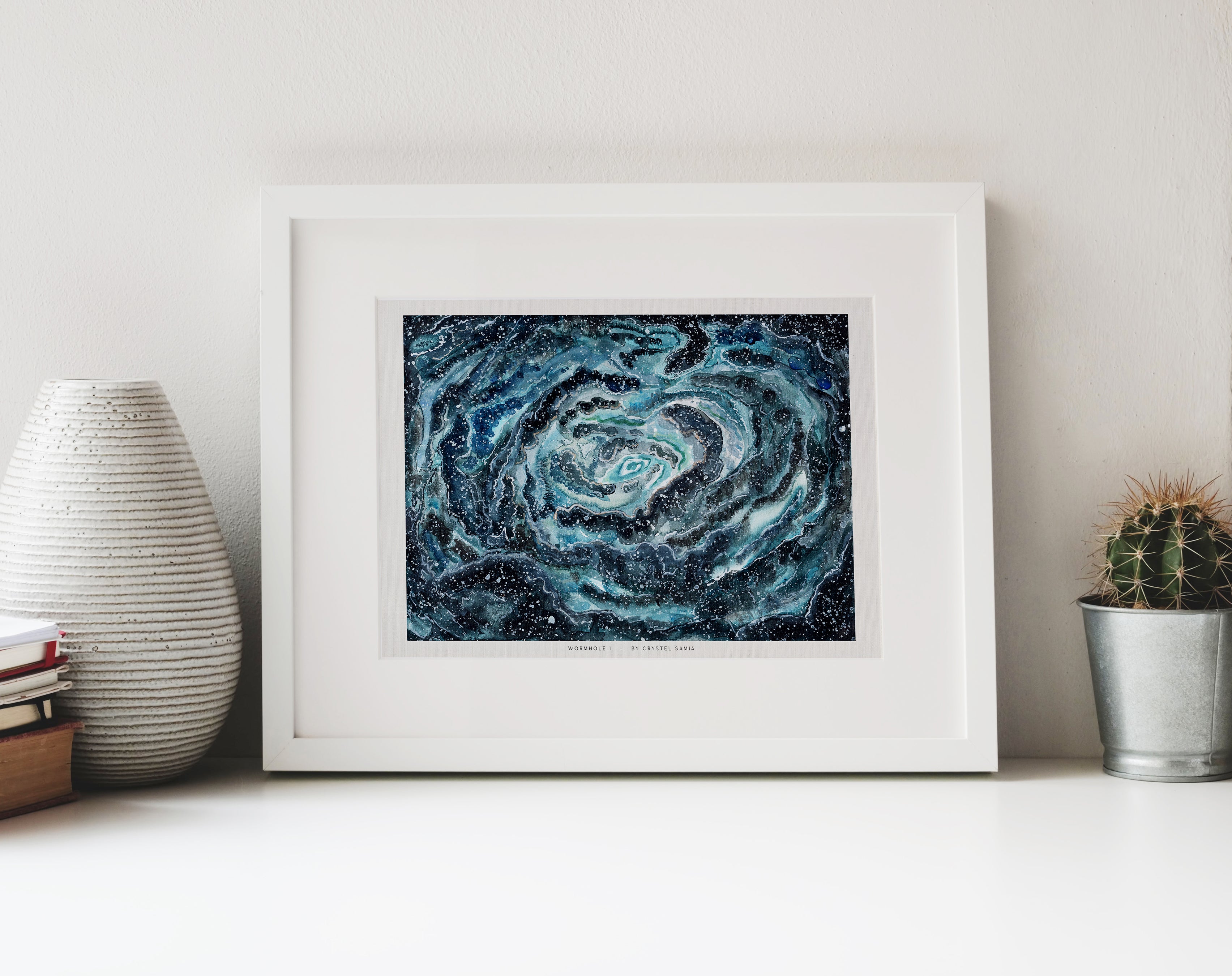 Wormhole I - Watercolor on Paper Signed by Artist and Numbered Art Print on High Quality Canvas Paper, blue black spiral wavy space stars galaxy