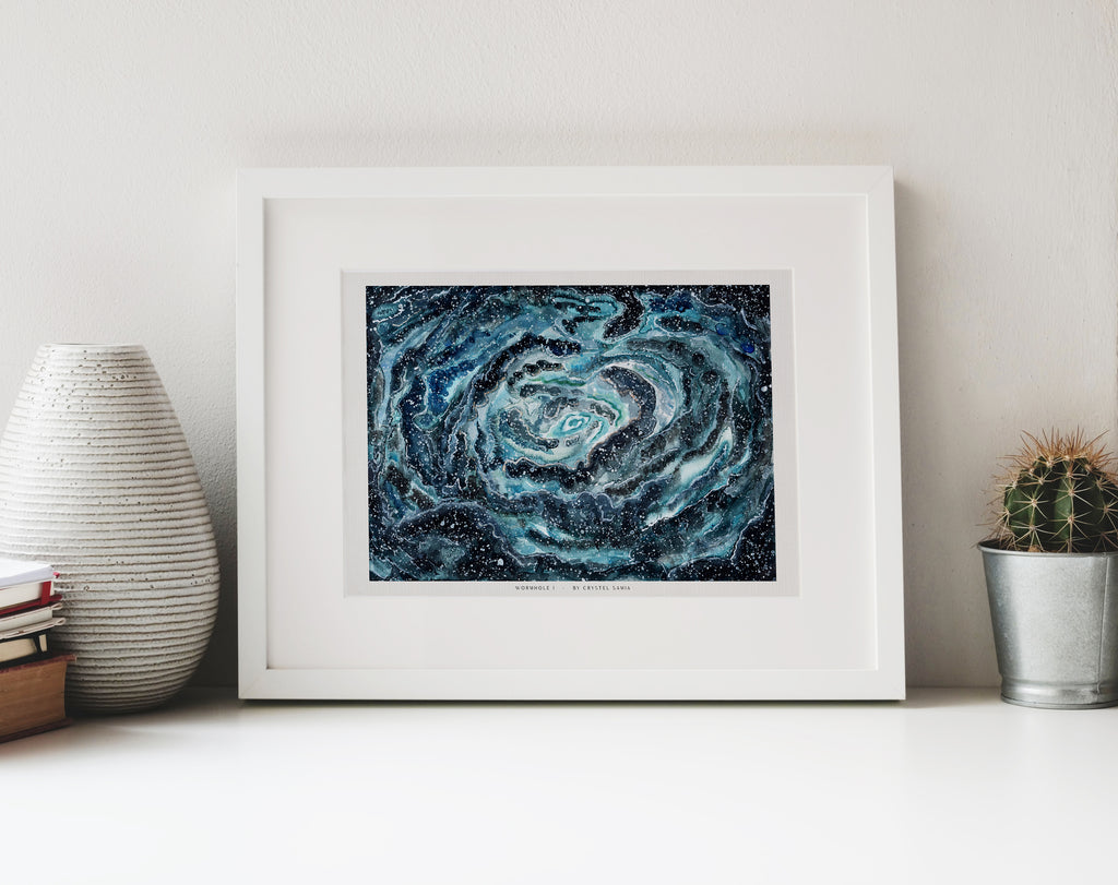 Wormhole I - Watercolor on Paper Signed by Artist and Numbered Art Print on High Quality Canvas Paper, blue black spiral wavy space stars galaxy