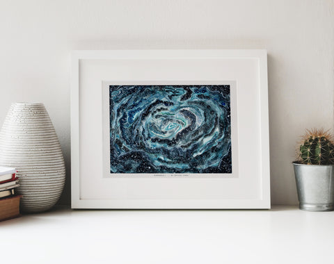 Wormhole I - Watercolor on Paper Signed by Artist and Numbered Art Print on High Quality Canvas Paper, blue black spiral wavy space stars galaxy