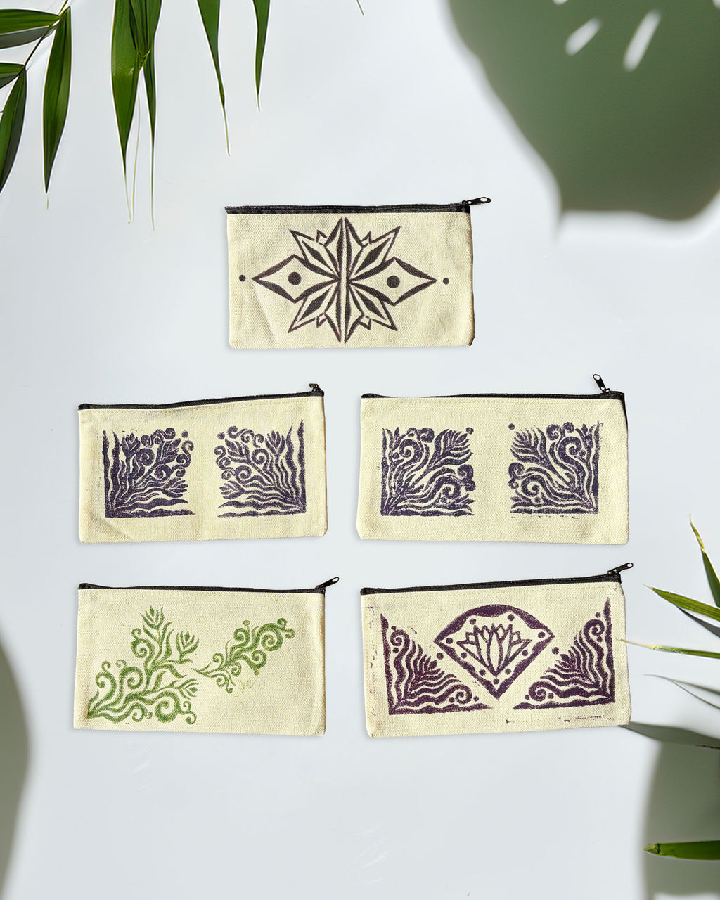 One-of-a-Kind Lino-Printed Linen Pouches - Purple Floral