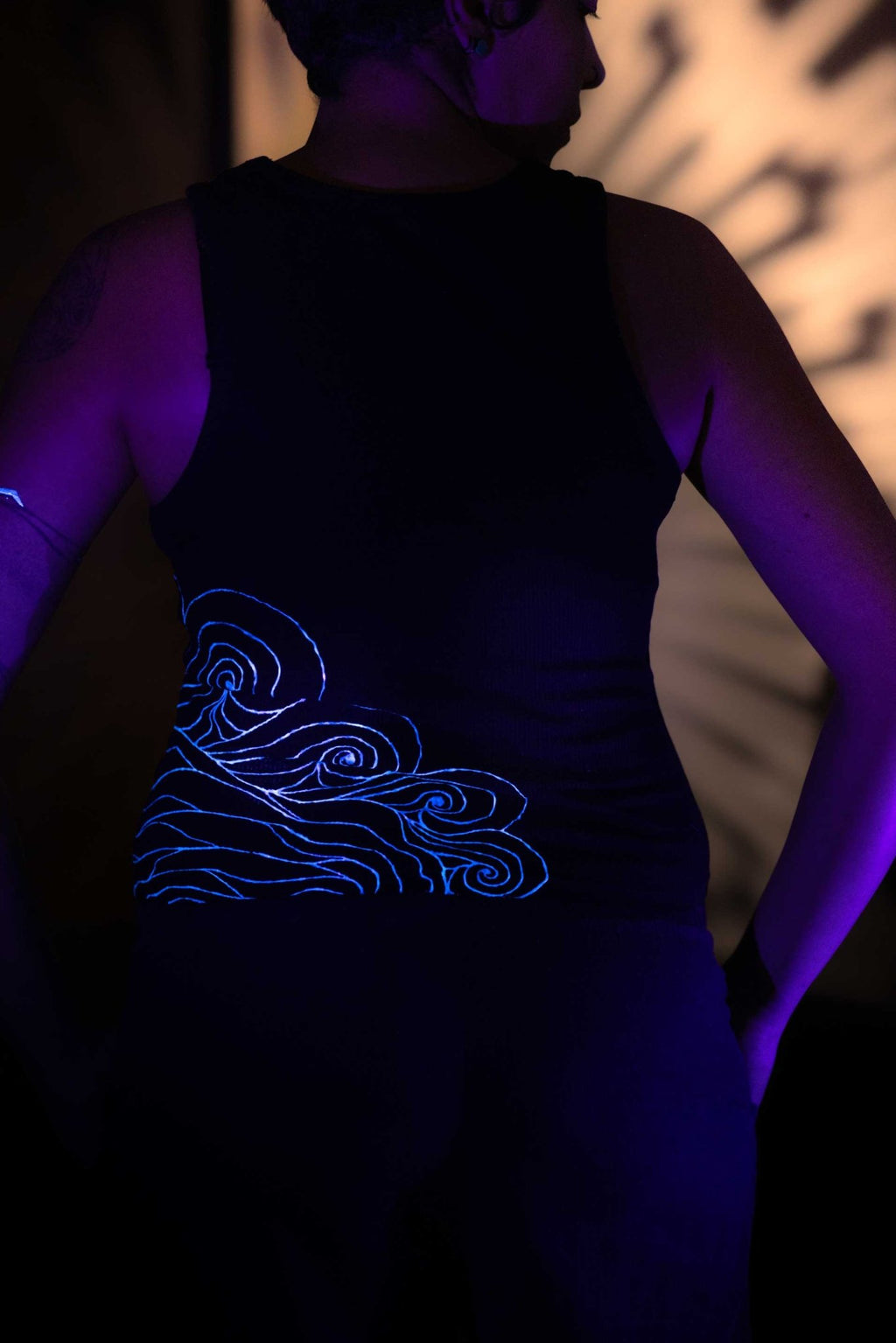 Black I - Shirt – Blue Neon Line Art (One of a Kind) - Crystel Samia Universe - Apparel - 
