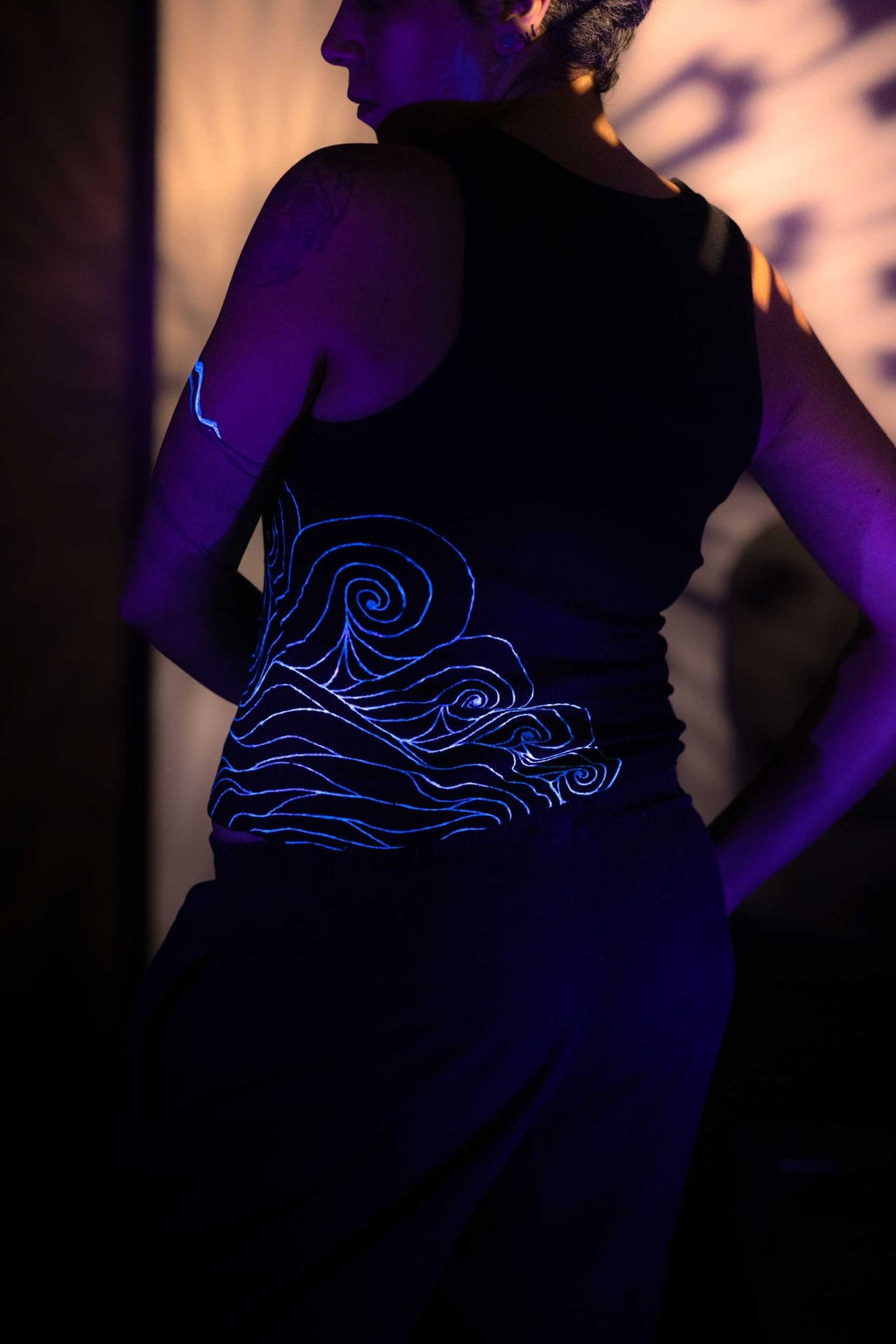 Black I - Shirt – Blue Neon Line Art (One of a Kind) - Crystel Samia Universe - Apparel - 