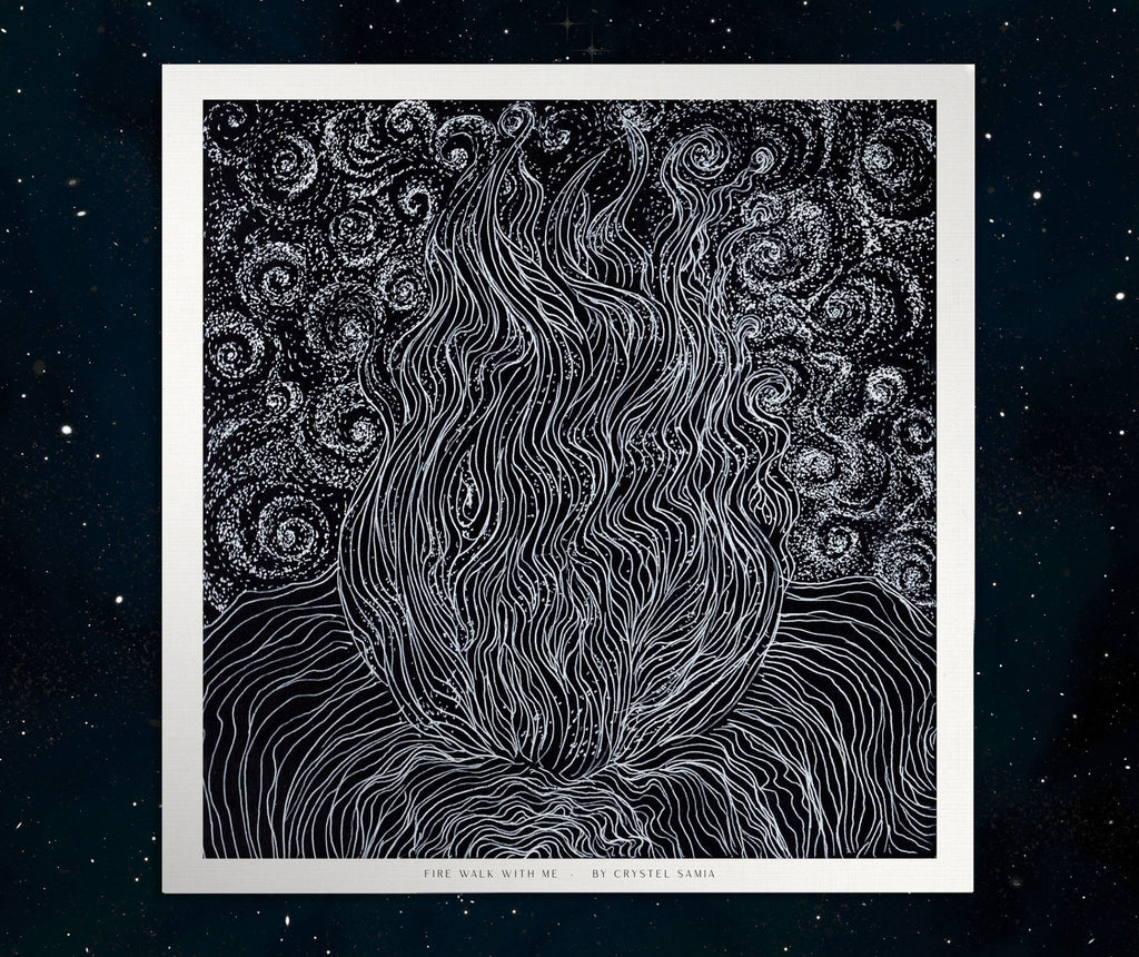 Fire Walk With Me - Limited Print from Original Hand Painted Black & White Line Art and Dot Work | Signed and Numbered - Crystel Samia Universe - Black & White Line Art and Dot Work - 