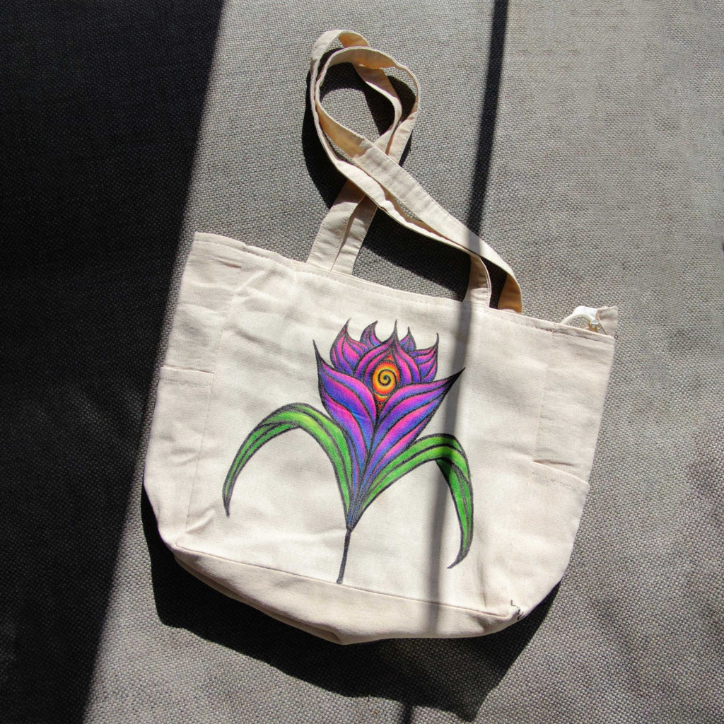 Hand - Painted Colorful Nature - Inspired Linen Bag w/pockets - Large | 100% Cotton - Crystel Samia Universe - Linen Tote Bag - 