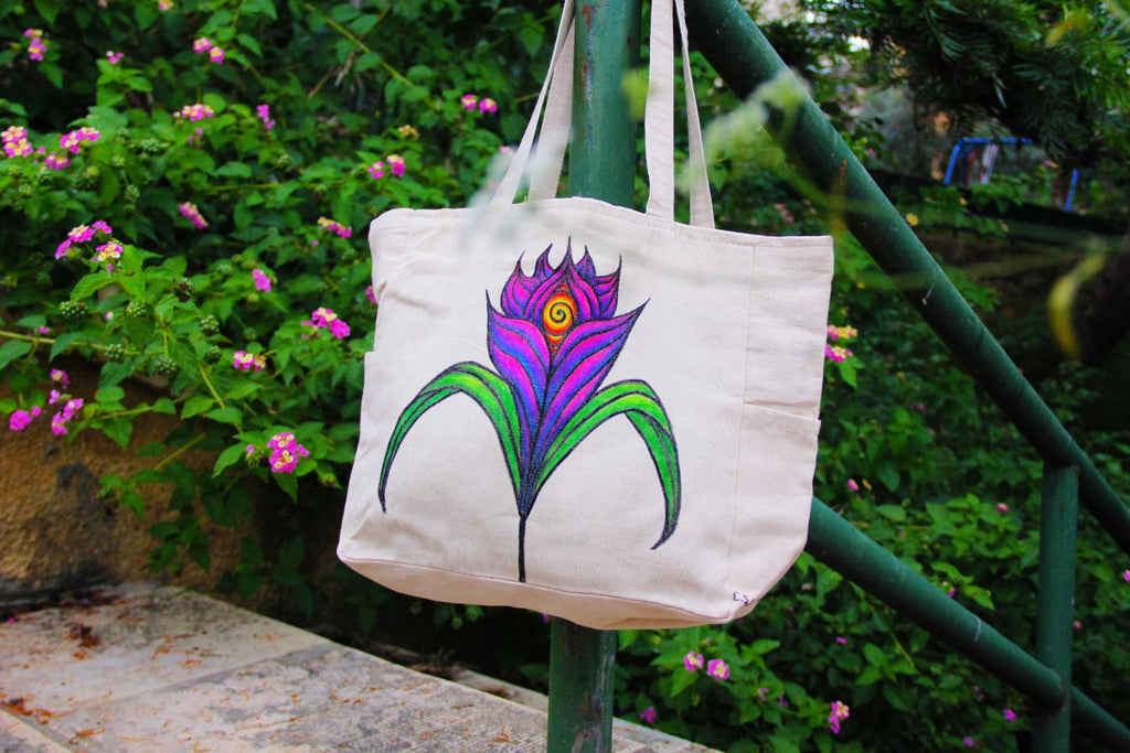 Hand - Painted Colorful Nature - Inspired Linen Bag w/pockets - Large | 100% Cotton - Crystel Samia Universe - Linen Tote Bag - 