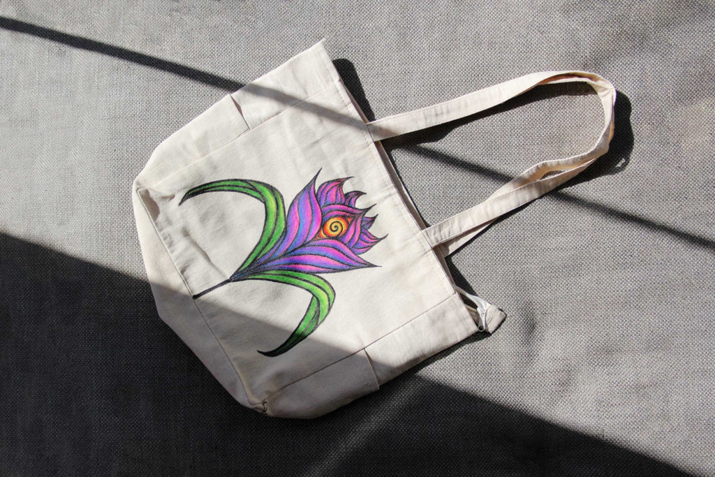 Hand - Painted Colorful Nature - Inspired Linen Bag w/pockets - Large | 100% Cotton - Crystel Samia Universe - Linen Tote Bag - 