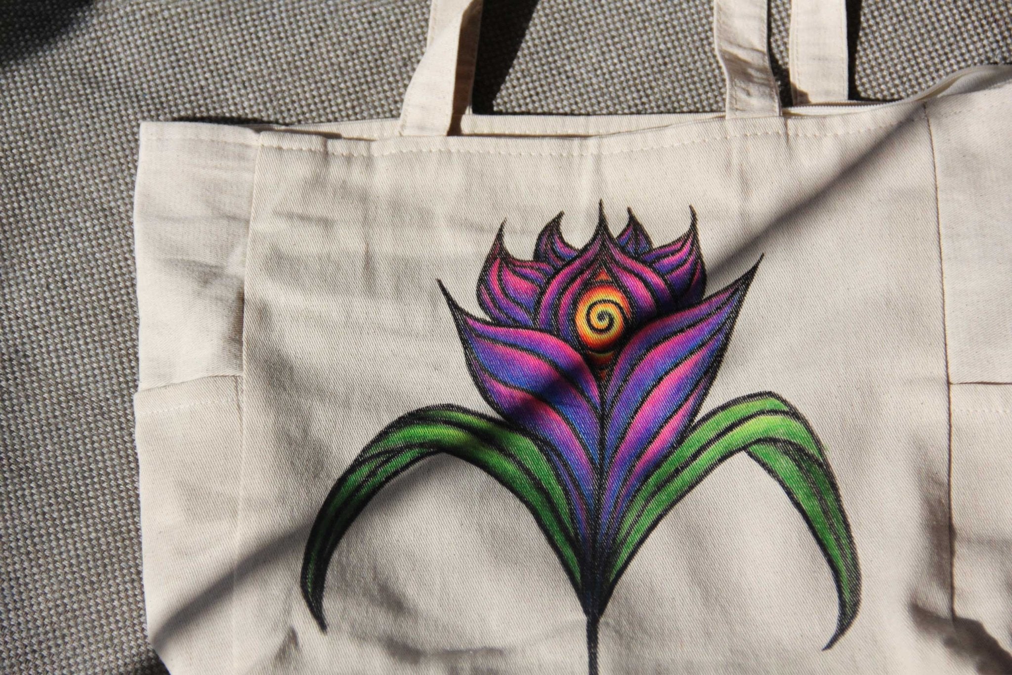 Hand - Painted Colorful Nature - Inspired Linen Bag w/pockets - Large | 100% Cotton - Crystel Samia Universe - Linen Tote Bag - 