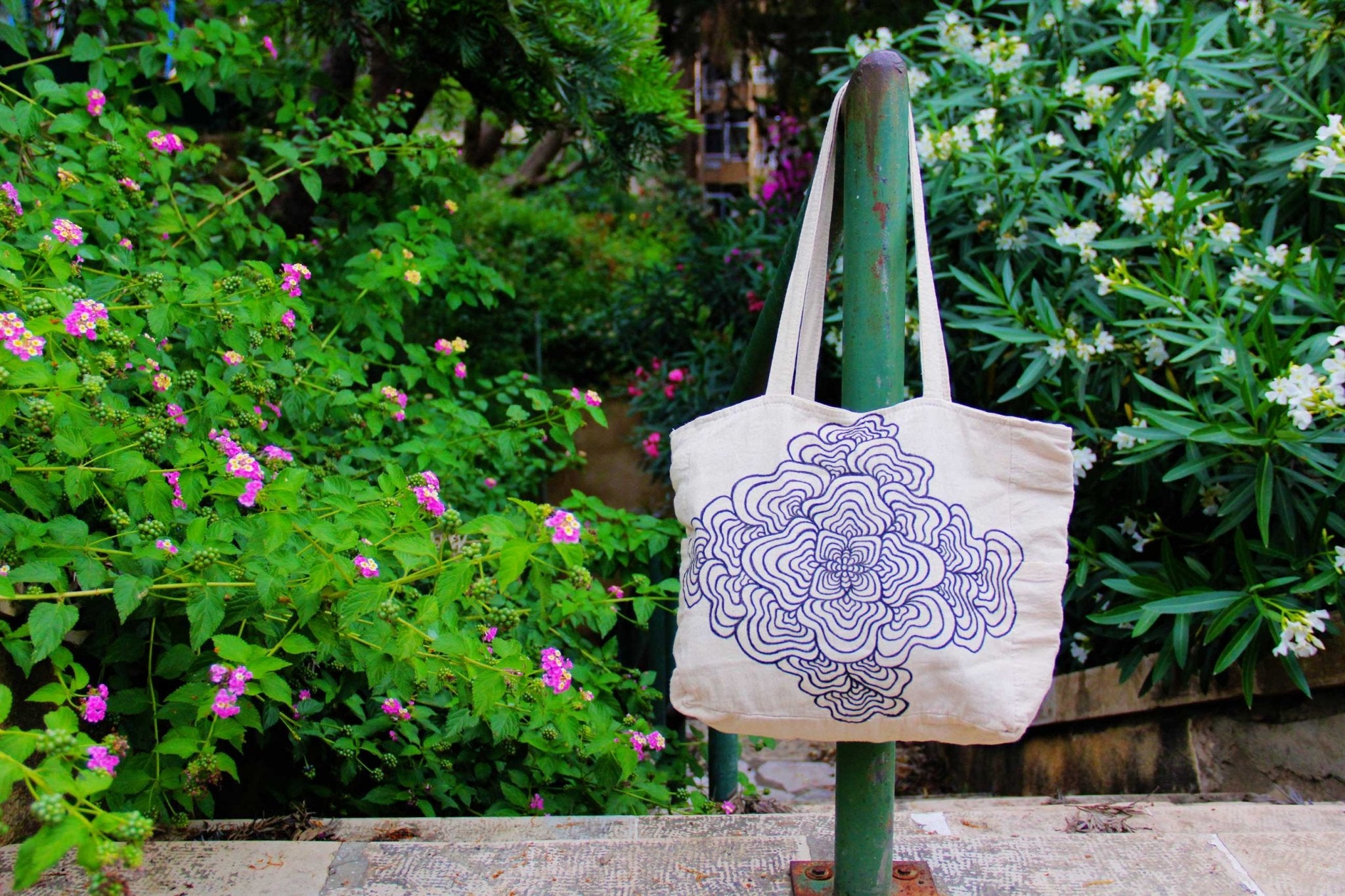 Hand - Painted Nature - Inspired Linen Bag w/pockets - Large | 100% Cotton - Crystel Samia Universe - Linen Tote Bag - 