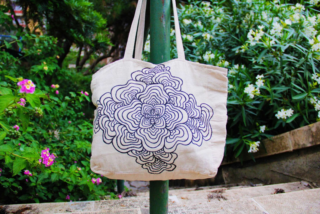 Hand - Painted Nature - Inspired Linen Bag w/pockets - Large | 100% Cotton - Crystel Samia Universe - Linen Tote Bag - 