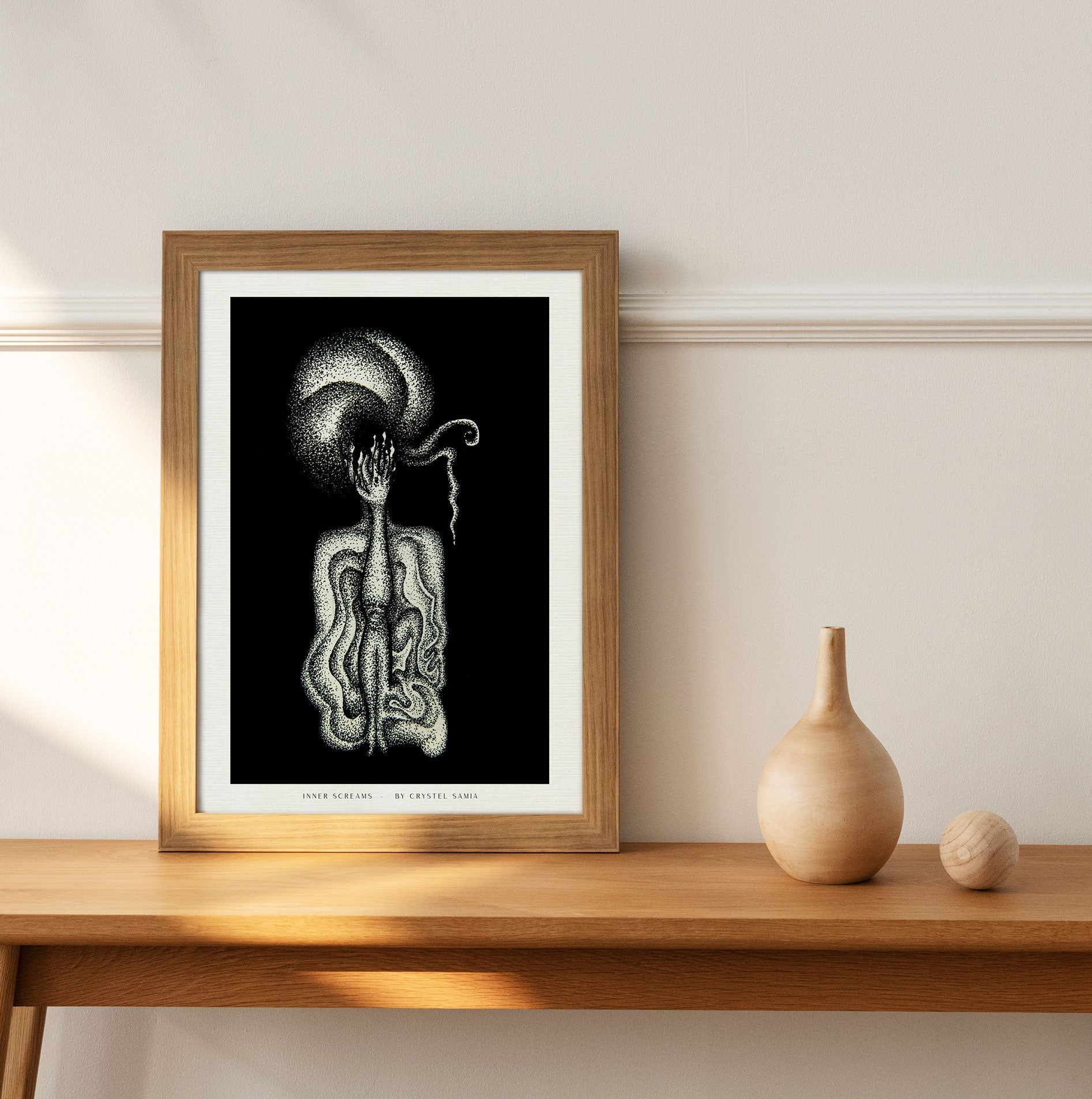 Inner Screams - Limited Print from Original White on Black Line Art & Dotwork Drawing - Crystel Samia Universe - Art Print - 